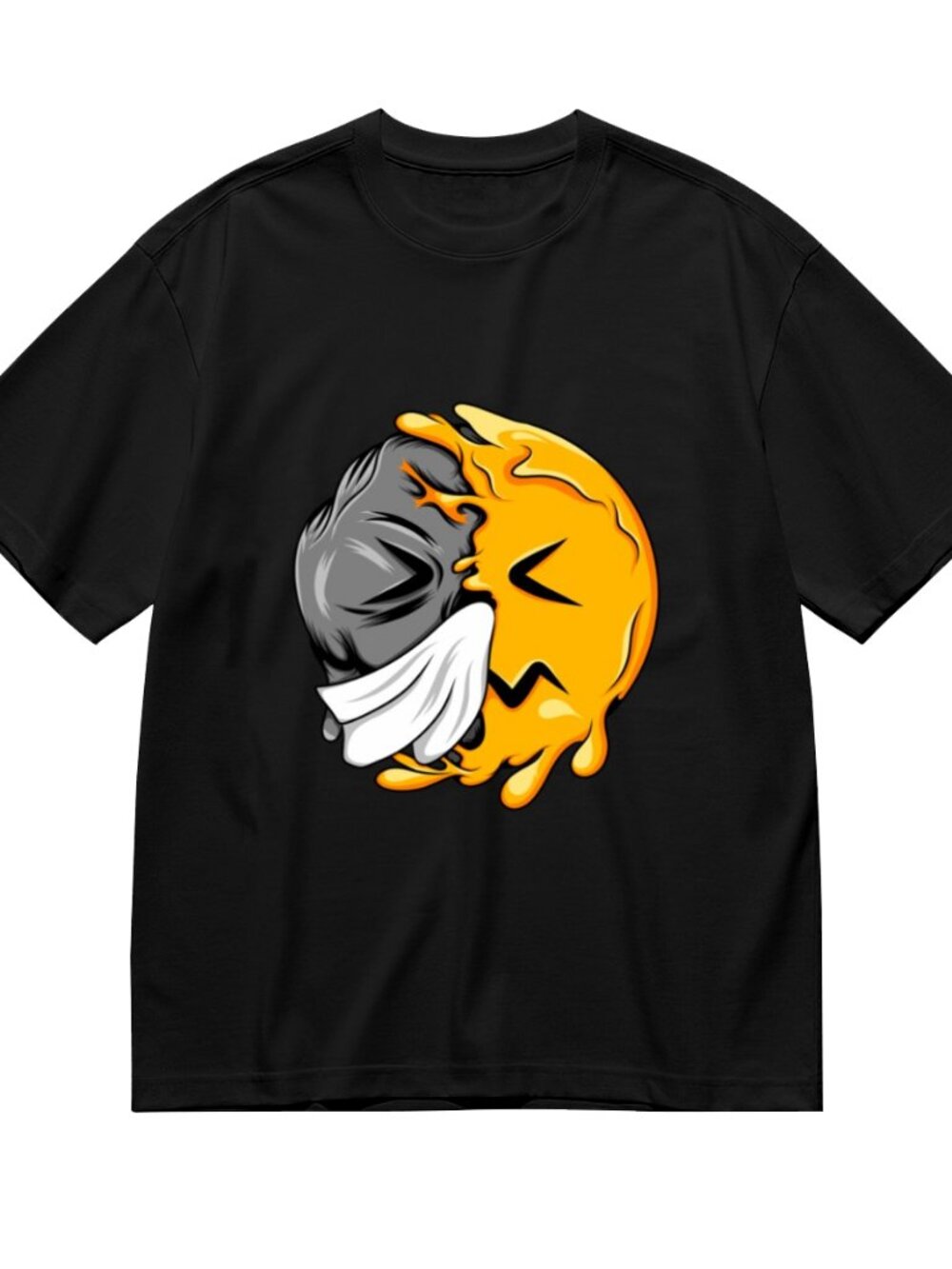 Black Short Sleeve Graphic Tee with Yellow & Gray Emoticon Print - Picture 3 of 5